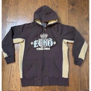 Ecko Unlimited Men's Large Brown Zip Up Hoodie Y2K Logo Heavy COTTON HEAVY